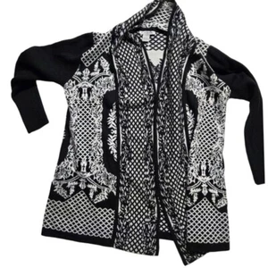 Outlander Open Front Cardigan Sweater Black White Patterned Knit Large - Picture 1 of 7