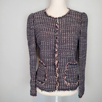 Rebecca Taylor Jacket Womens 6 Tweed Fringe Jacket Navy Blue Blazer - Image 1 of 4