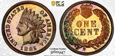 1885 PROOF INDIAN HEAD CENT PCGS & CAC PR65BN GOLD SHIELD LABEL - Image 1 of 4