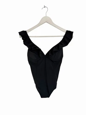 Costume da bagno monsone nuovo senza etichette taglia 10 tinta unita nero con volant - Immagine 1 di 4