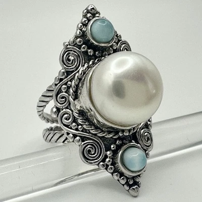 CFJ 925 Sterling Silver Vintage Pearl Larimar Filigree Cocktail Ring Size 6 - Image 1 of 4