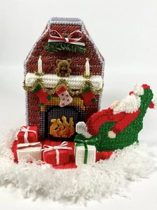 Vintage Kunststoff Leinwand Nadelspitze Weihnachten Kleenex Box Abdeckung, Kamin, Geschenke, - Bild 1 von 10