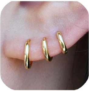 925 Sterling Silver Small Gold Huggie Hoop Earrings for Women Men, 14K Gold Plat - Picture 1 of 12