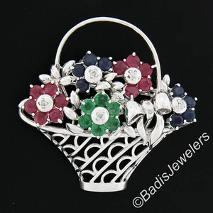 Vintage 14k White Gold Ruby Emerald Sapphire Multi Flower Bouquet Pot Brooch Pin - Picture 1 of 6