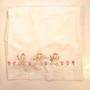 VTG Embroidered Cotton Baby Crib Flat Sheet Teddy Bears Music Band 34 X 45 USA - Picture 1 of 8