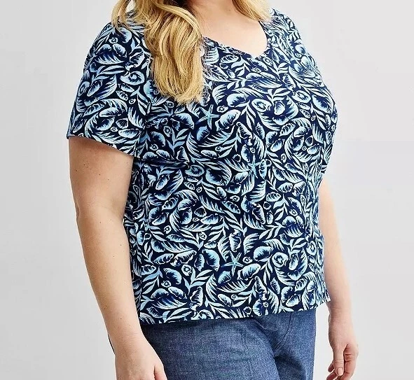 Croft & Barrow SS  Knit Top  V-Neck  - 100%  Cotton Blue Palms  2X - NEW/TAG - Image 1 of 1