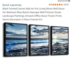 3-Piece Black Framed Canvas Wall Art Blue Beach Seascape Prints Ocean Landscape - Picture 1 of 6
