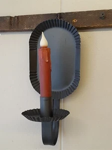 Primitive 19th Century Metal Wall Hanging Candleholder with Timer Candle - Picture 1 of 11