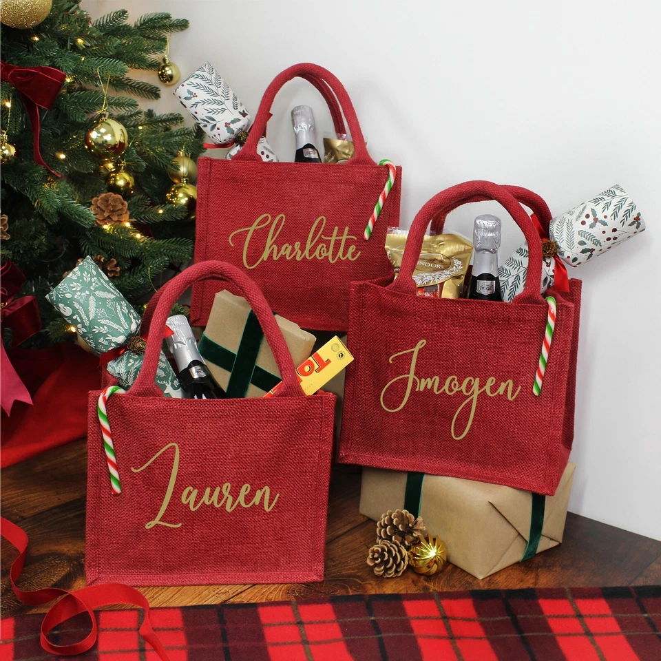 Personalised Christmas Gift Bag Red Christmas Party Bag Small Xmas Jute Bag - Image 1 of 4
