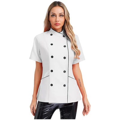 Women Coat Collar Tops Double-Breasted Jacket Hotel Chef Stylish Cross-Over - Image 1 of 3