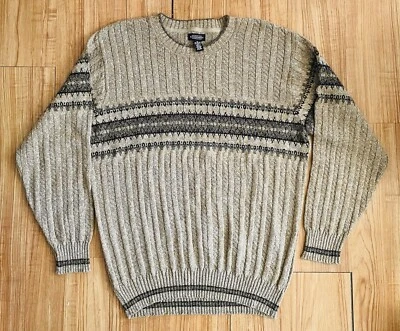VTG GRANDPA Sweater Men’s Khaki Brown Cable Knit Stripes Y2K Retro CONSENSUS XL - Image 1 of 4