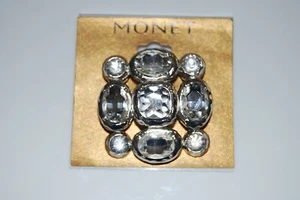 VINTAGE MONET BRUTALIST SILVERED METAL AND LARGE CLEAR RHINESTONES PIN OR BROOCH - Picture 1 of 6