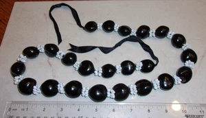 Hawaiian Kukui Nut and Shell Bead Long Ribbon Tie Lei Necklace - Picture 1 of 3