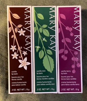 Lote de 3 Mary Kay Baunilha, Perfeito, Berry Lip Balm Tamanho Completo 0,3 oz., NOVO - Imagem 1 de 3