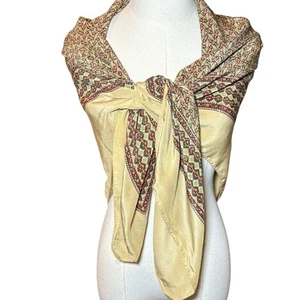 Christina 44x44 Vintage Silk Scarf Tan Burgundy Wrap - Picture 1 of 8