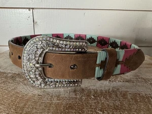 Girls 26 M&F Western Rhinestone Buckle Leather Belt Pink Aqua - Picture 1 of 12