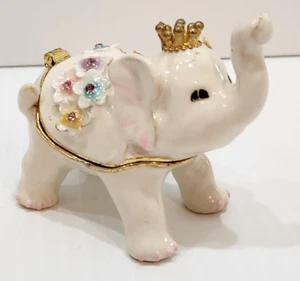 Bejeweled Elephant Trinket Jewelry Box Enamel White Gold Pastel Flowers - Picture 1 of 23
