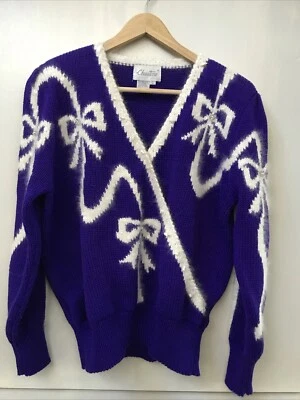 Suéter Vintage Años 80 Christine Púrpura Lana Angora 3D Perla Brillo Lazo Talla L Foto 1 de 4