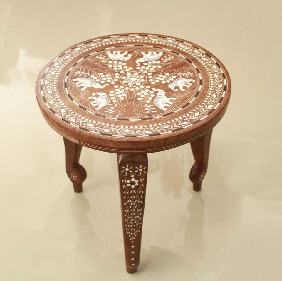 Vintage Look Elephant Carved Inlaid Work Coffee Round Table Rosewood Foldable - Изображение 1 из 1