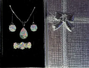 Dazzling White Fire Opal Teardrop Necklace, Dangle Earrings, & Ring Size 9 Set - Picture 1 of 9