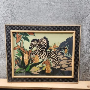 Vintage Zebra Jungle Art Signed May Original Painting Framed Bamboo Look 27x22 - Picture 1 of 16