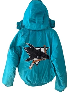 VTG 90s San Jose Sharks NHL Pro Player Mens Medium Teal Puffer Hooded Jacket Med - Picture 1 of 15
