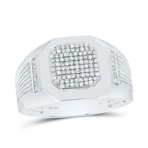 925 Sterling Silver Genuine Diamond Grooved Round Octagon Top Pinky Ring 1/3 CT - Picture 1 of 1