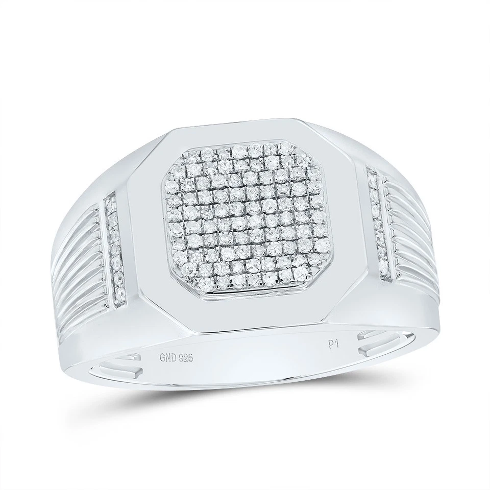 925 Sterling Silver Genuine Diamond Grooved Round Octagon Top Pinky Ring 1/3 CT - Image 1 of 1