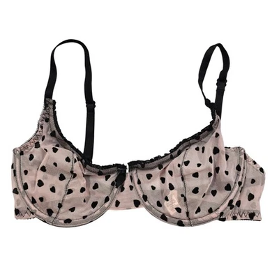 Sujetador Demi Rosa Flocado Terciopelo Negro Corazón Tul 34C Malla Transparente Coqueta Y2K Foto 1 de 4