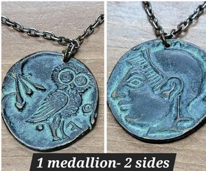 Athena and Her Owl Brass Medallion Coin on Silvertone Link Chain Greek Mythology - Picture 1 of 11