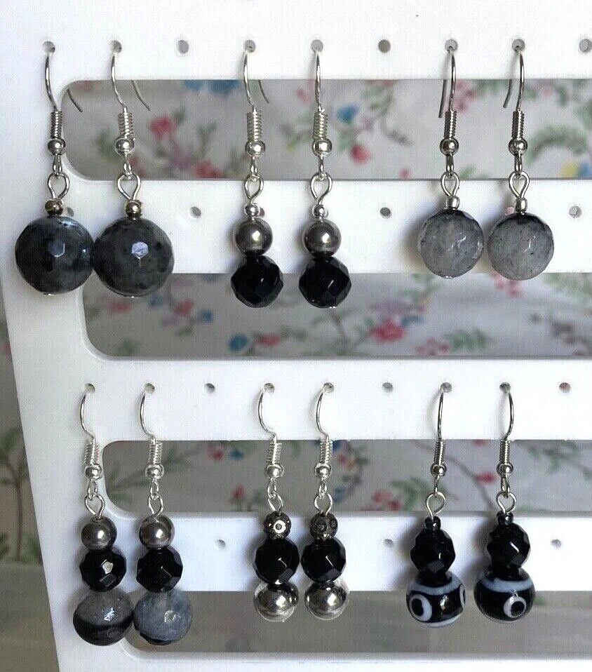 Black Stone or Shell Bead Dangle Earrings on Silver Plated Hooks - Image 1 of 4