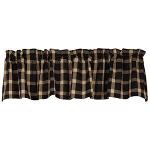 New Primitive Cabin Farmhouse TAN & BLACK CHECK PLAID VALANCE Curtain Topper - Picture 1 of 2