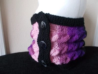 Tejido a mano 100% lana cuello calentador/bufanda, púrpura/rosa/negro rayas Foto 1 de 4