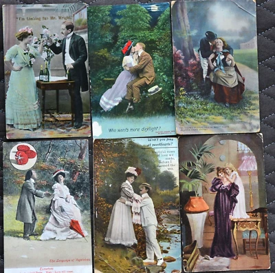 6 X Vintage Postcards ~ Romantic Theme - Image 1 of 2