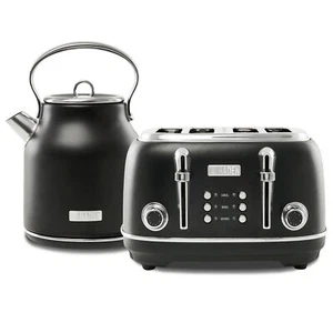 Haden Heritage 4 Slice Wide Slot Toaster & Electric Water Kettle, Black & Chrome - Picture 1 of 12