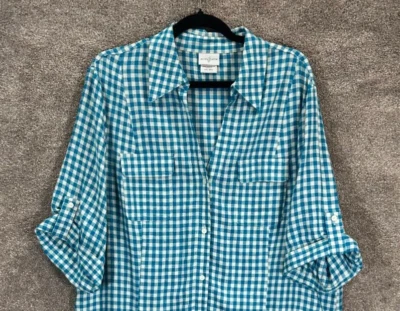 Jaclyn Smith Top Women XXL Blue Check Plaid Linen Blend Roll Tab Blouse - Image 1 of 4