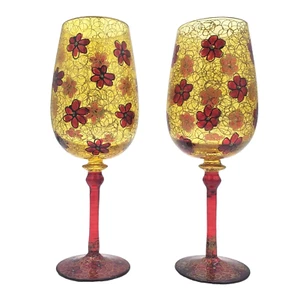 Set 2 Royal Danube Hand Painted Wine Crystal Glasses Romania Gold Red Flowers - Picture 1 of 10