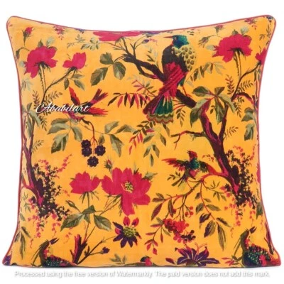 Indian Handmade Velvet Bird Printed Cushion Cover Yellow Sofa Decor Pillow - Image 1 of 4