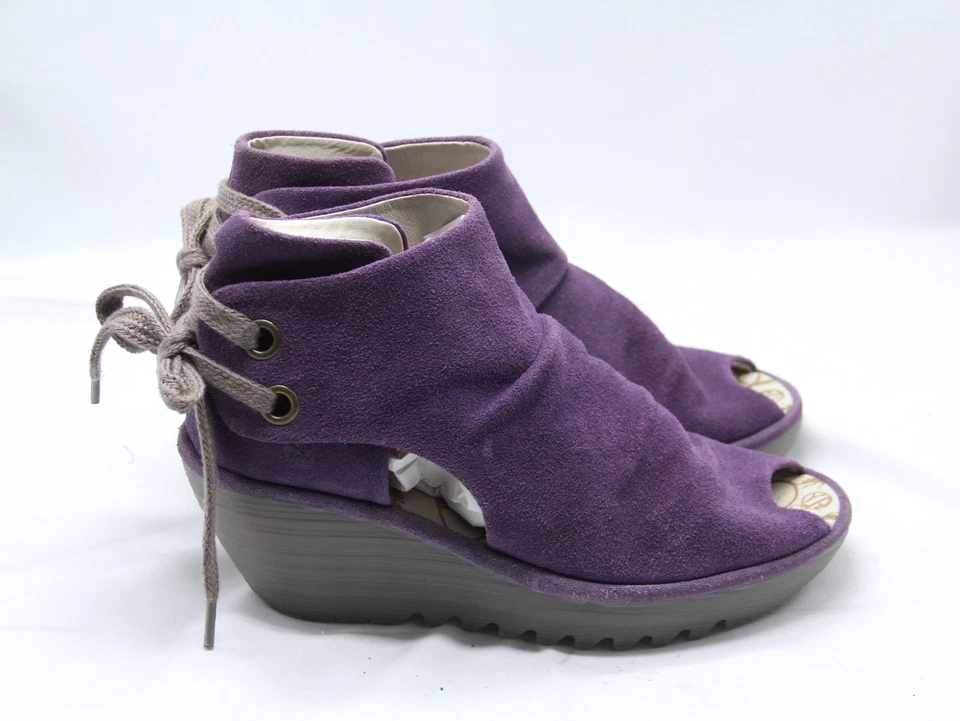 Fly London Yema 露趾楔形女式 40 码美国 9-9.5 紫色系带鞋波西米亚 — 第 1/4 张图片