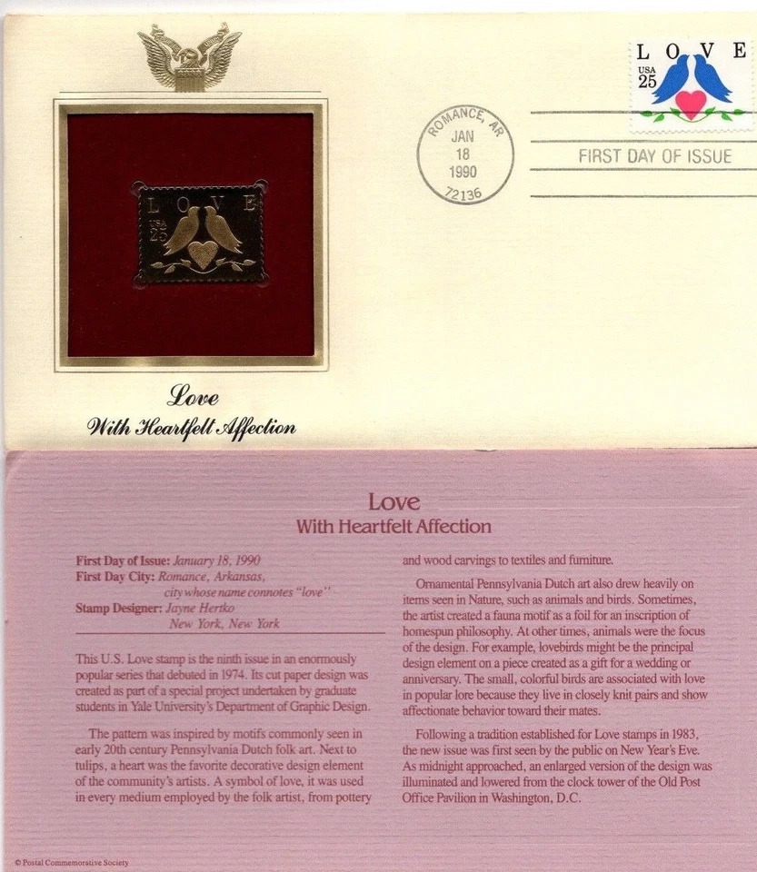 Love Pennsylvania Dutch Dove Golden Stamp 1990 US First Day FDC 2440 Free Ship - Image 1 of 1