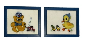 2 Mini Blue Framed Crewel Embroidered Mama Duck Ducklings &Teddy Bear with Train - Picture 1 of 7