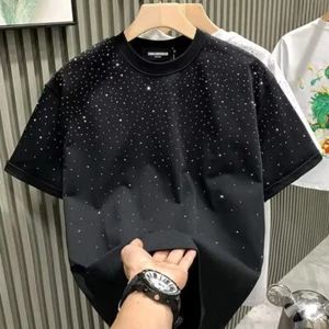 New Men Women Luxury Diamond Rhinestones Black White T-Shirt High Quality - Picture 1 of 10