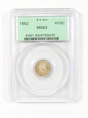 1862 Seated Liberty Half Dime H10C PCGS MS63 Vintage Green Holder Cover