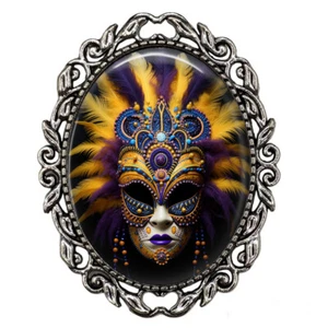 Fat Tuesday Celebration Feathers & Beads Mardi Gras Mask Decorative Brooch - Picture 1 of 5