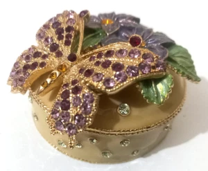 Trinket/Pill Box - Butterfly & Flowers - Gold Enamel, Rhinestone Jewels - 5.5cm - Picture 1 of 3