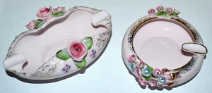 VINTAGE PAIR LEFTON PINK PORCELAIN, APPLIED ROSES, RHINESTONE FLOWER ASHTRAY - Picture 1 of 6