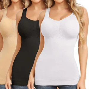Women Built in Bra Cami Vest Camisole Tank Top Shaper Tummy Control Slimming - Picture 1 of 62