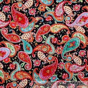 BonEful Fabric FQ Cotton Quilt VTG Black Red Green Paisley Flower Bohemian Girl - Picture 1 of 13