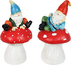 Garden Gnomes, Set of 2 Gnomes on Mushrooms Garden Statues, Outdoor Lawn and Yar