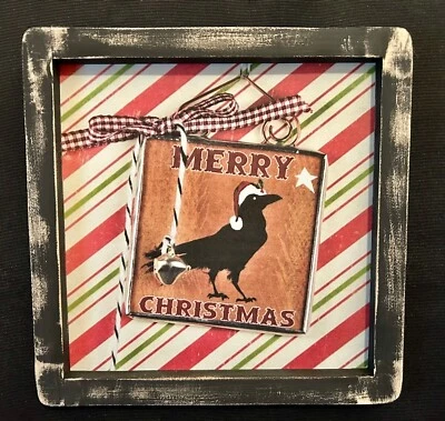 Primitive Country Print **MERRY CHRISTMAS CROW** in black frame 91/2" x 9 1/2" - Image 1 of 3